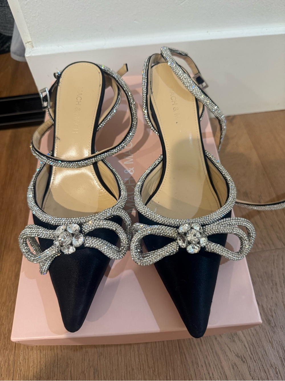 MACH & MACH Black Crystal Bow Pointed Slingback Heels